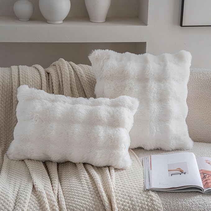 Neelvin Cream White Faux Fur Cozy Soft Double-Sided Decorative Throw Pillow Covers 24x24 inch Set of 2,Velvet Pillowcase Cushion Case for Sofa Couch