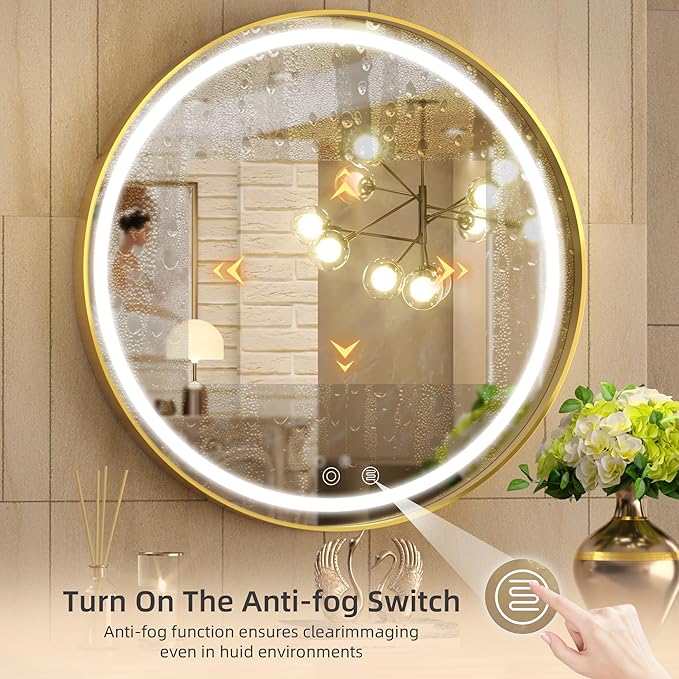 Hasipu 28 Inch Round LED Mirror for Bathroom with Lights, Gold Circle Vanity Mirror for Wall, Metal Framed Frontlit Bathroom Mirrors Anti-Fog, Dimmable, 3 Colors Makeup Mirror Wall Mounted