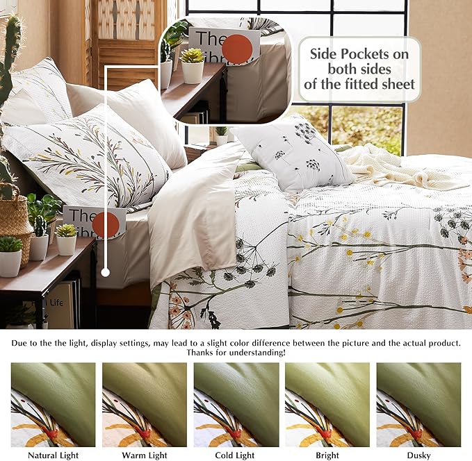 CASAAGUSTO Full Comforter Set 7 PCS White & Green Dandelion Plant Comforter Set with Flowers Leaves Pattern Soft Seersucker Design All Season Bedding Set(Full 80"X90")