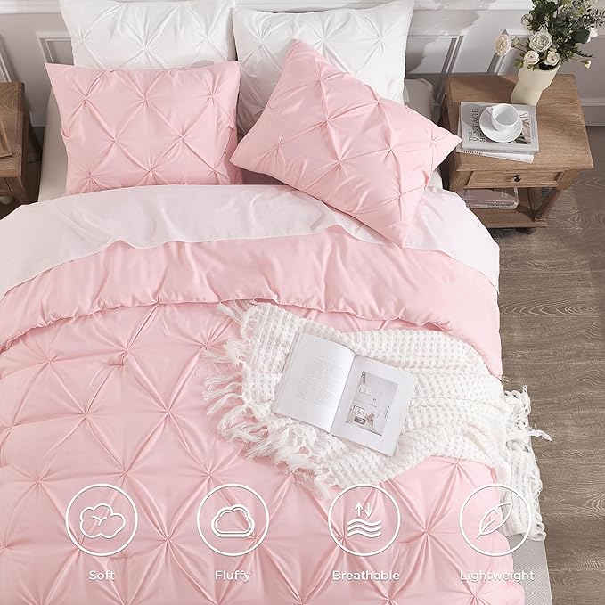 Andency Pink Comforter Set King(104x90Inch), 3 Pieces Soft Lightweight Cute Pinch Pleat Bedding Comforters & Sets, All Season Western Warm Down Alternative Bed Set for Girls Women