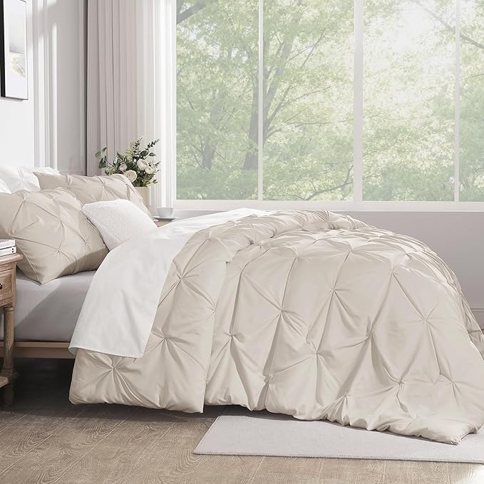 Andency Beige Comforter Set Twin(66x90Inch), 2 Pieces Comforter for Girls Kids, Soft Microfiber Pinch Pleat Comforter Set, All Season Lightweight Bedding Set