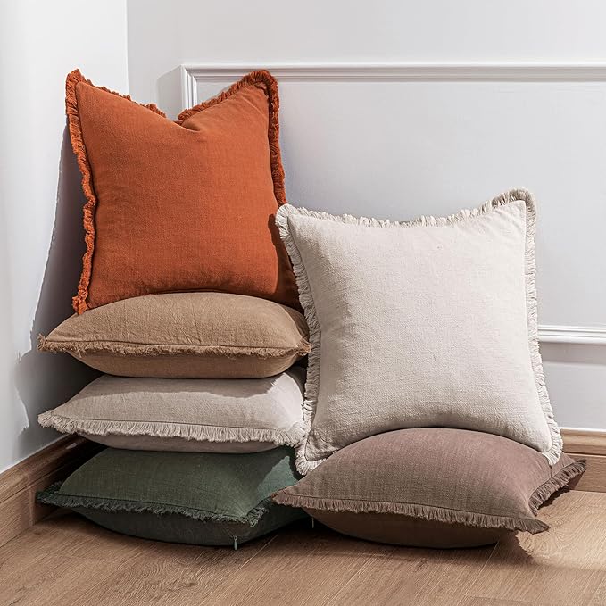 Woaboy Set of 2 Decorative Linen Fringe Throw Pillow Covers Boho Farmhouse Cushion Covers Accent Pillowcases with Tassels for Living Room Couch Sofa Bed Chair,20x20 Inch,Beige
