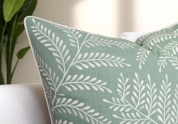 Fern Leaves Embroiderd Decorative Square Accent Throw Pillow Cover - Sofa, Chair, Couch, Bedroom, Living Room, Farmhouse Home Decor - 20x20 Inches, Light Teal
