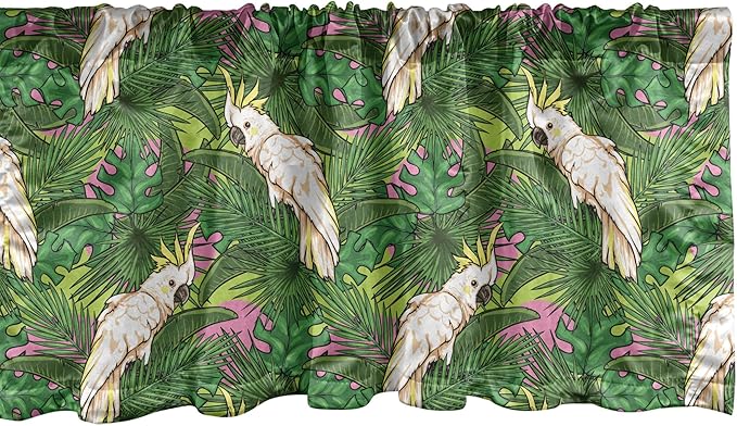 Lunarable Parrots Window Valance Pack of 2, Yellow Crested Cockatoo Bird with Tropical Foliage Exotic Caribbean Design, Rod Pocket Curtain Valances for Kitchen Bedroom, 54" X 12", Cream Green