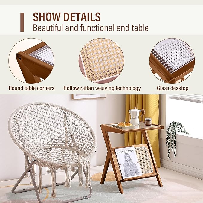 Tiita 2 Pack Rattan Side Table, Mid Century Nightstand, Bamboo Accent Bedside Tables, Glass Coffee Tables, Boho Wooden End Table with Storage for Small Space, Living Room and Bedroom