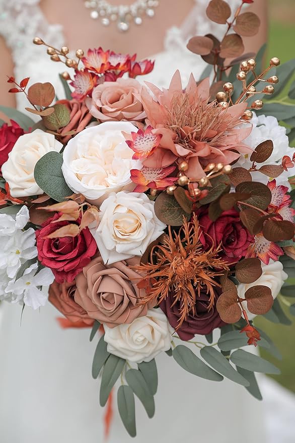 Artificial Flower Box Set Silk Fake Flowers for DIY Wedding Hand Bouquet Flower Arrangement Bouquet Centerpiece Decorations Baby Shower Party Home Decorations (Burgundy)