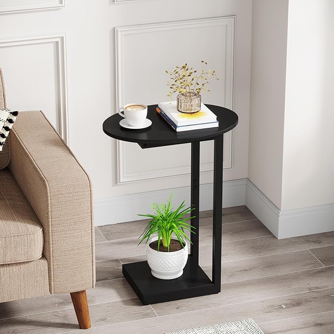 Hosfais Small Side Table End Table, C-Shaped Wood Coffee Table TV Tray for Eating Couch Tables for Small Space, Living Room, (Black)