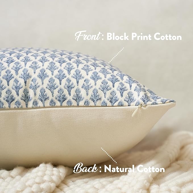 Floral Pillow Covers 24x24 Pillow Cover Block Print Couch Pillows for Living Room Decorative Neutral Accent Throw Pillow Covers, 1PC, Aqua Blue