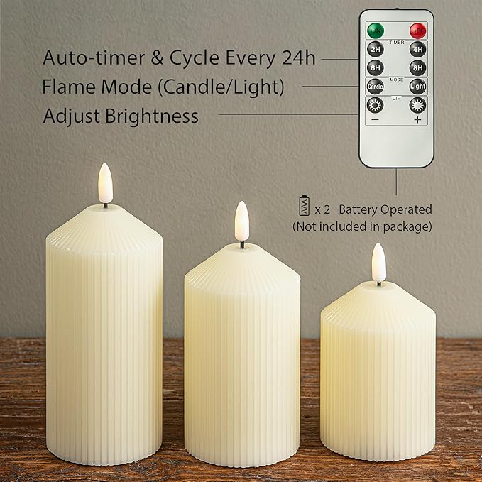 Flameless Candles with Remote, 3 Pack Battery Operated Candles Real Wax LED Fake Pillar Candles with Timer Flickering Battery Candle for Wedding Home Party, Ivory