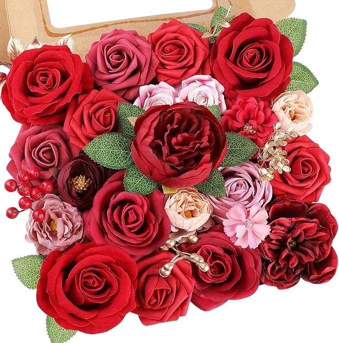 AmyHomie Red Artificial Flowers Combo Silk Mix Peony Rose Fake Flowers w/Stem for Valentine's Day DIY Wedding Bouquets Centerpieces Table Fall Decor Party Bridal Baby Shower Home Decorations