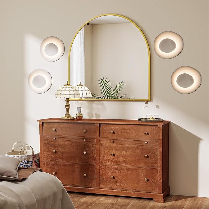 VooBang Wide Arched Wall Mirror, 38 x 40 inch Arch Bathroom Mirror, Wall Mounted Vanity Mirror with Arch Metal Frame, Modern Bathroom Vanity Mirror for Bedroom, Living Room, Hanging or Leaning, Gold