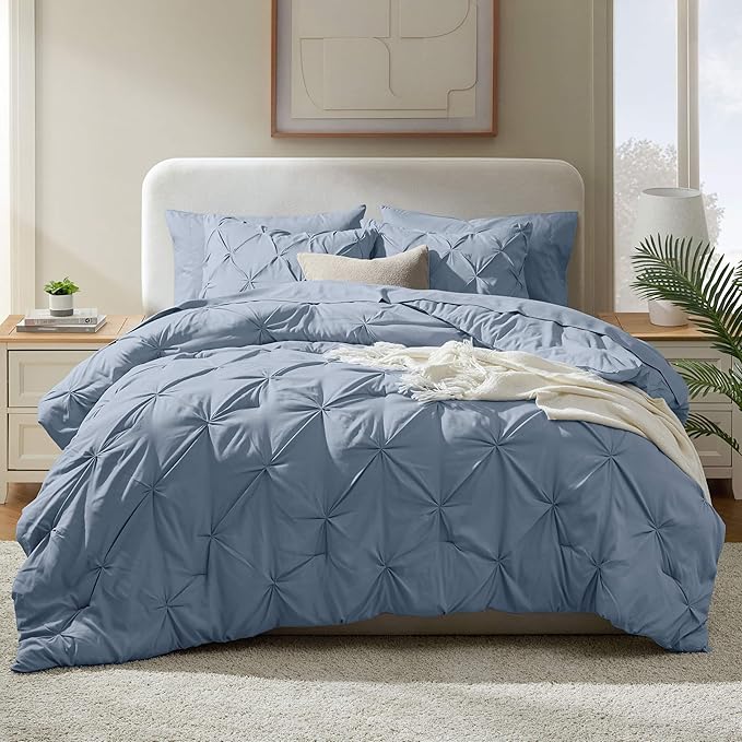 Nestl California King Comforter Set 7 Piece - Pintuck Cal King Comforter Set Stone Blue, California King Bed in a Bag, All Season Bed Set with Flat Sheet and Fitted Sheet, Pillowcases and Shams