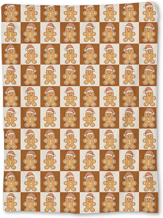 Christmas Gingerbread Blanket, Soft Lightweight Flannel Cute Gingerbread Men Throw Blanket for Couch, Bed, Travel & Holiday Decor Gifts, Cozy Warm Checkered Pattern Blankets for Women Kids 50×40 in