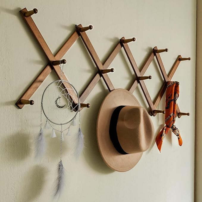 SKOLOO Hat Rack for Wall with 14 Hooks, Solid Wooden, Modern, Expandable Coat Rack Wall Mount for Coats, Hats, Bags, Baseball Caps, Walnut Color