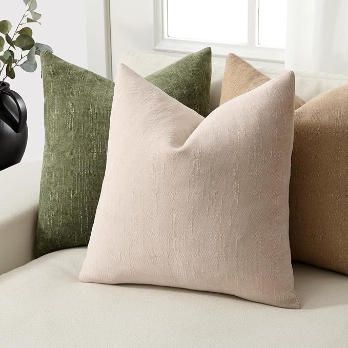 Woaboy Set of 2 Textured Throw Pillow Covers Decorative Soft Accent Square Chenille Pillowcases Neutral Farmhouse Cushions Modern Home Decor for Couch Sofa Bedroom Living Room 20x20 Inch, Beige