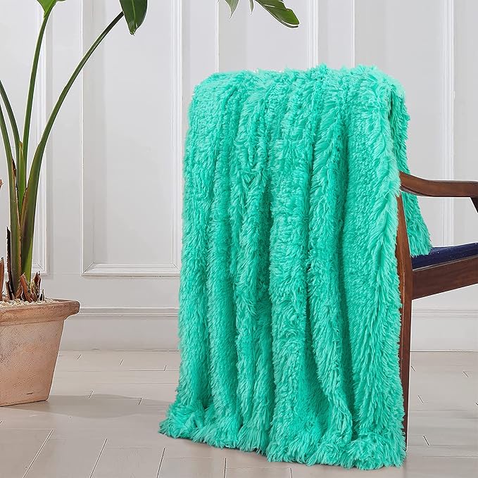Tuddrom Decorative Extra Soft Faux Fur Blanket Queen Size 80" x 90",Solid Reversible Fuzzy Fluffy Plush Fleece Comfy Microfiber Fur Blanket for Couch Sofa Bed,Teal Blue
