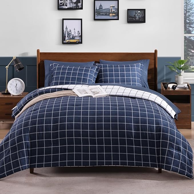Plaid Queen Size Comforter Set Dark Blue, Reversible Checkered Bedding Set 7 Pieces for Boys Girls Teen, Lightweight All Season Bed in a Bag with Sheets, Pillowcases & Shams