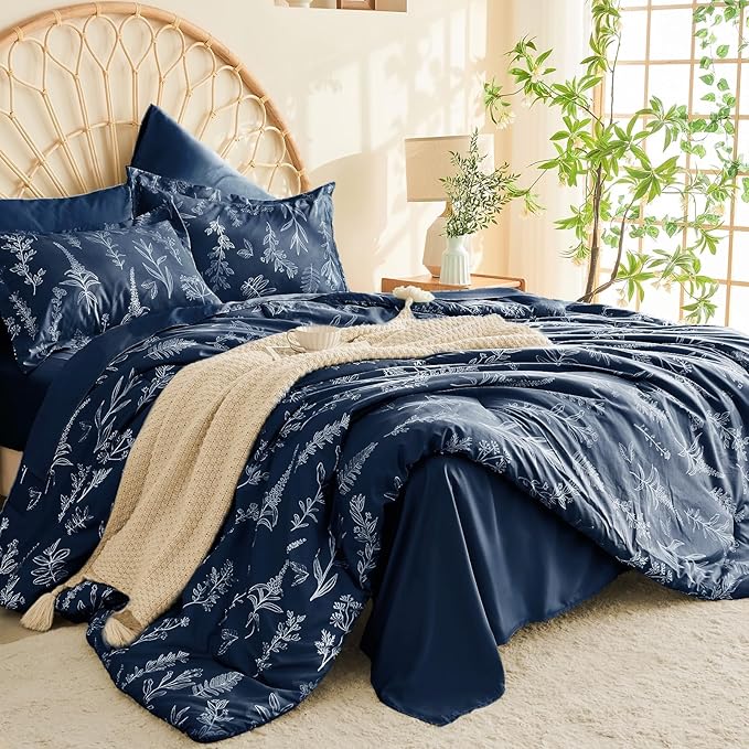MUXHOMO Navy Blue Full Comforter Set, Elegant Floral Print Bed in a Bag 7 Pieces, Ultra Soft & Breathable Reversible Botanical Pattern Bedding Set with Comforter, Sheets, Pillowcases, and Shams