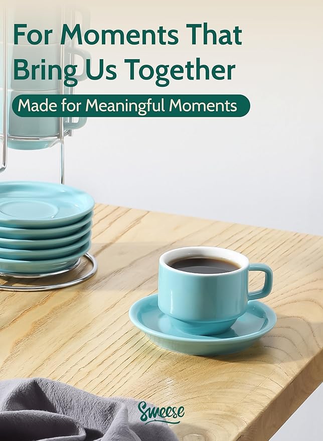 Sweese 4 Ounce Porcelain Stackable Espresso Cups with Saucers and Metal Stand Set of 4, Turquoise