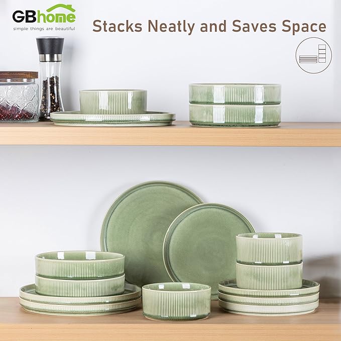 GBHOME Stoneware Dinnerware Sets for 8,Round Reactive Glaze Ceramic Plates and Bowls Set,Highly Scratch Resistant | Dishwasher & Microwave Safe Dishes Set,Service for 8(24pcs)