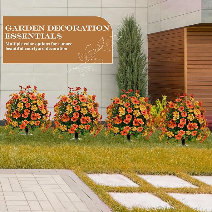 Artificial Topiary Bushes for Outdoors with Spike, Boxwood Ball Fake Shrubs UV Resistant Faux Plants for Indoor Outdoor Fall Thanksgiving Halloween Decor (Orange Green)