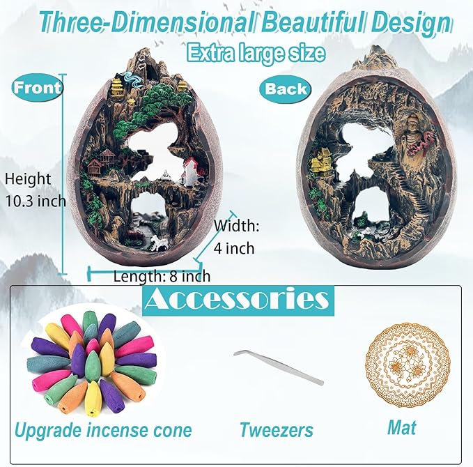 Mountain Waterfall Incense Burner，Backfall Incense Holder River, Incense Falls Meditation Decor for Room with Upgrade Incense Cones and Accessories (2side)