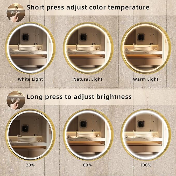 Hasipu 28 Inch Round LED Mirror for Bathroom with Lights, Gold Circle Vanity Mirror for Wall, Metal Framed Frontlit Bathroom Mirrors Anti-Fog, Dimmable, 3 Colors Makeup Mirror Wall Mounted