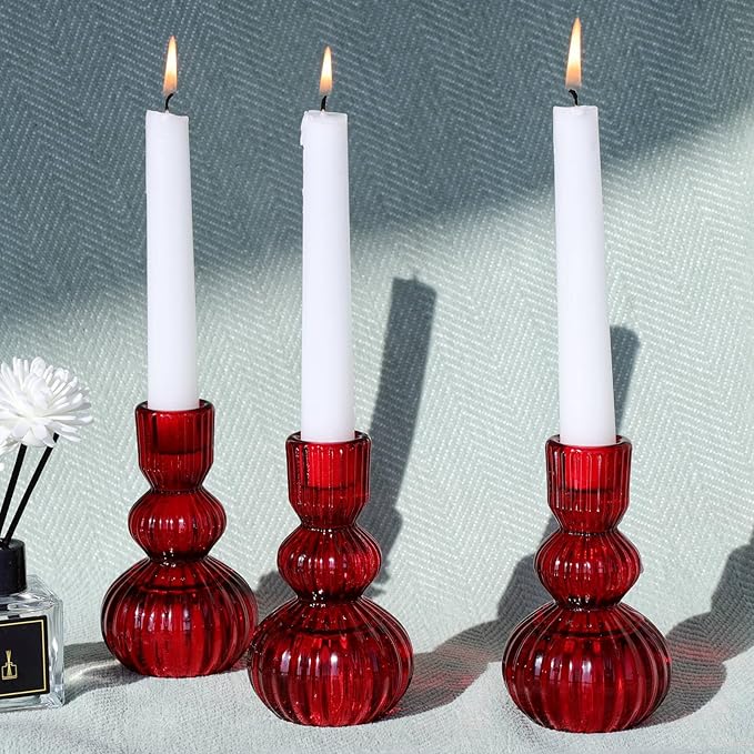 Woho Red Candlestick Holders Set of 3 for Christmas Decorations, 4.3" H Vintage Ribbed Taper Candle Holders for Dining Table, Glass Candle Sticks Holder Decor for Valentines Day/Patriotic Holidays