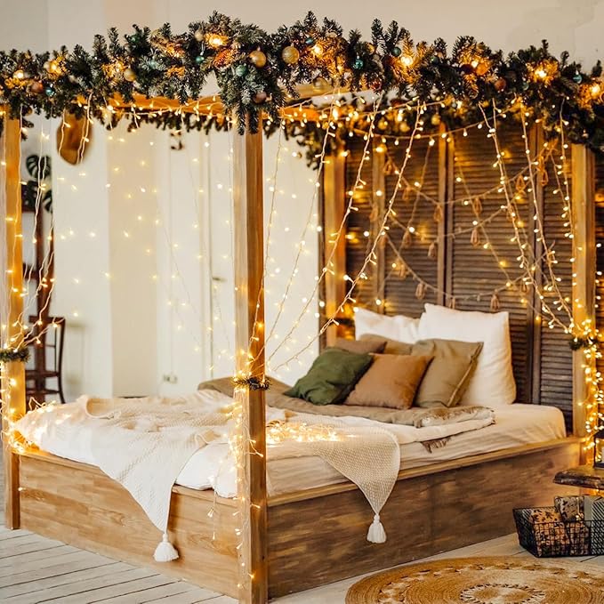 JMEXSUSS 600 LED Christmas Curtain Lights Outdoor, 9.5x19.6ft Christmas String Light Plug in with Remote, 8 Modes Wall Hanging Lights for Bedroom Party Backdrop Wedding Xmas Decor, Warm White