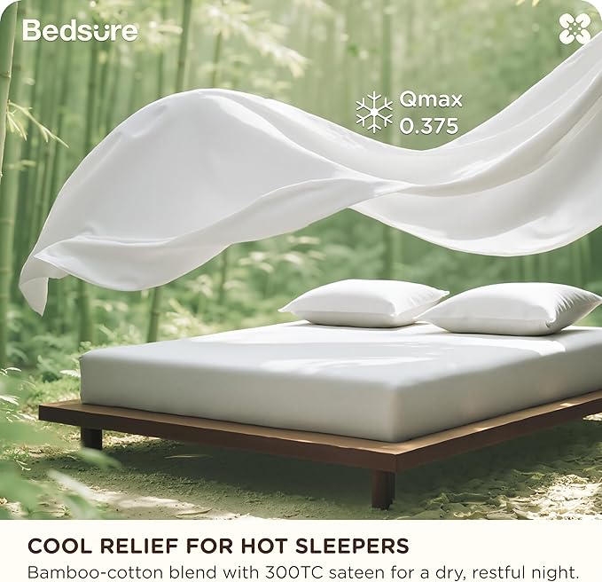 Bedsure Cooling Sheets, Rayon Derived from Bamboo & Cotton Blend, GentleSoft, Breathable, Queen Sheet Set, Deep Pocket Up to 18 Inches, Hotel Luxury Bedding for Hot Sleepers, White