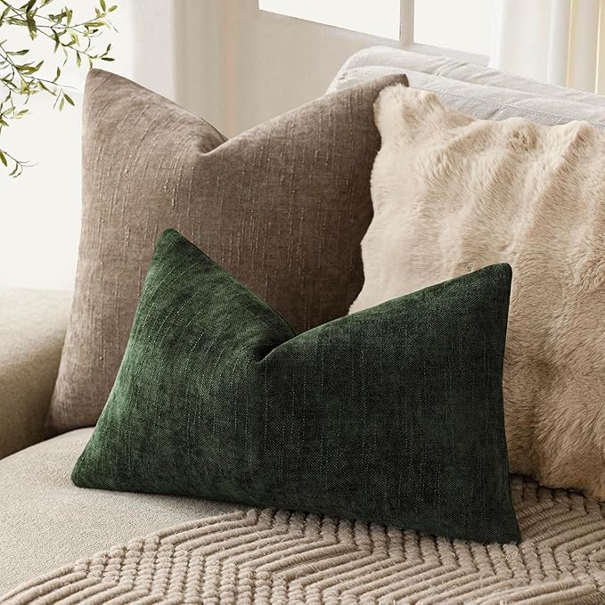 Foindtower Pack of 2 Textured Chenille Throw Decorative Pillow Covers Square Accent Solid Cushion Cover Neutral Farmhouse Lumbar Pillow Case for Couch Sofa Bedroom Living Room 12x20 Inch,Dark Green