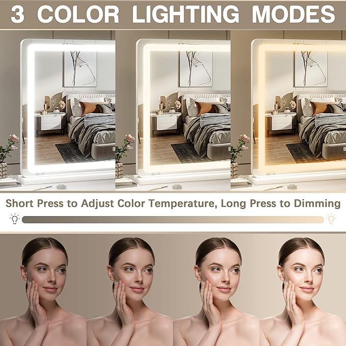 Vanity Mirror with Lights, 32" x 22" Large Lighted Vanity Mirror with Dimmable 3 Modes, LED Makeup Mirror, Touch Screen Control, USB Charging Port, Tabletop or Wall-Mounted