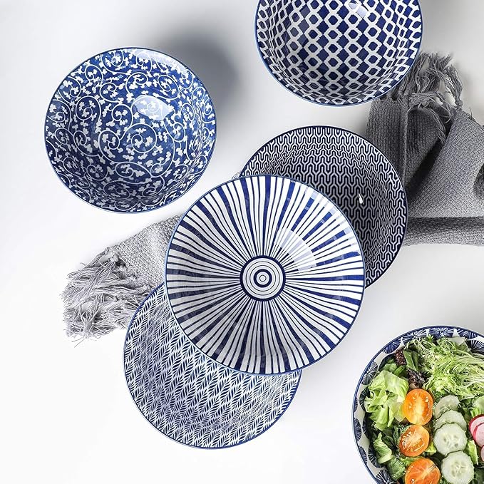 Selamica 7 inches Porcelain Cereal Bowl Set - Set of 6, Soup Bowls, Ceramic bowls for Cereal, Soup, Salad and Pasta, Vintage Blue