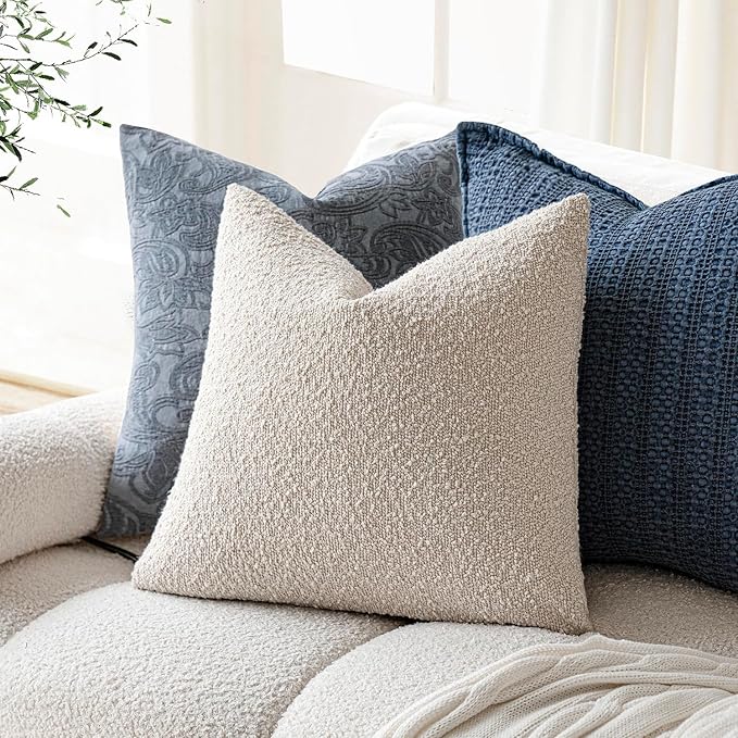 Foindtower Decorative Boucle Throw Pillow Covers Accent Solid Pillow Cases Cozy Soft Textured Couch Cushion Case for Chair Sofa Bedroom Living Room Home Decor 22 x 22 Inch,Light Beige
