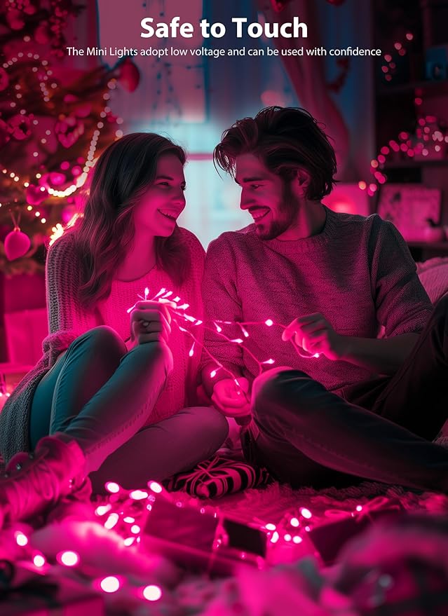 Pink Christmas Mini Lights, 39Feet 100 LED Pink String Light with 8 Lighting Modes, Connectable Valentine's Lights for Indoor Outdoor Valentine's Day Garland Wreath Holiday Decoration, White Wire