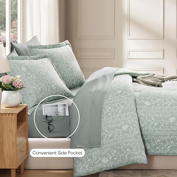 King Comforter Set -7 Pieces Green Floral Comforter Set for All Seasons, Bed in a Bag King with Botanical Flowers Comforter, Sheets, Pillowcases & Shams
