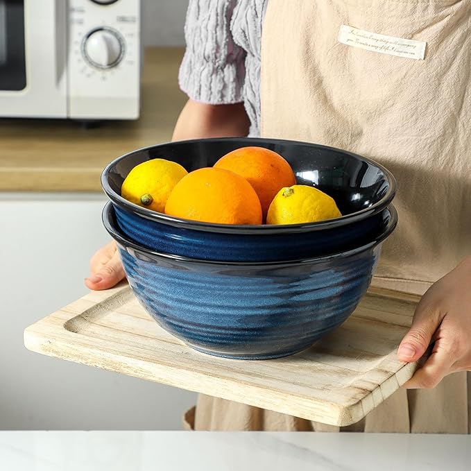 MEKY Ceramic Mixing Bowls Set of 2, 84OZ Large Nesting Salad Bowls - Perfect for Cooking, Baking, Soup, Pasta, Fruit and Popcorn, Deep Bowls Ideal for Microwave and Dishwasher Safe, Blue