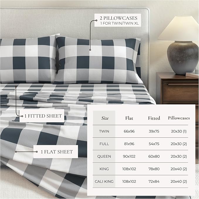 Great Bay Home Flannel Sheet Set Queen Size - 100% Turkish Cotton, Double-Brushed, Printed Bed Sheets - Ultra-Soft, Cozy, 4-Piece Bedding Set (Buffalo Check - Navy)