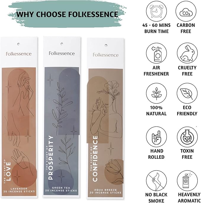 Folkulture Incense Sticks | Set of 6 (120 Non Toxic Insence-Sticks) for Manifesting with 45 Mins Burn Time | Frankincense, Coffee, Aqua Breeze, Mint and Basil, Lavender, Organic Inscents-Sticks