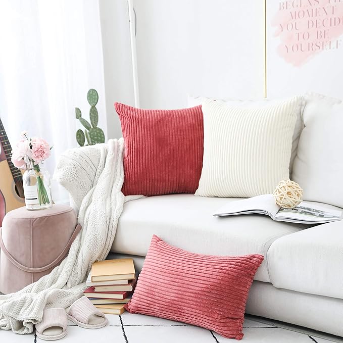Home Brilliant Striped Velvet Corduroy Euro Throw Pillow Sham Large Cushion Cover for Chair Couch Bench Bed Floor Christmas Decor, 24 x 24 inch (60cm), Cream Cheese