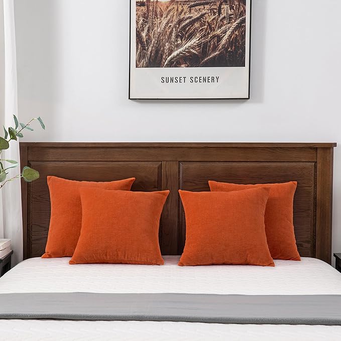 GAWAMAY Decorative Square Throw Pillow Covers 18"x18" Inch Set of 4, Super Soft Chenille Pillows Farmhouse Fall Pillowcase for Living Room Bedroom Sofa Couch Cushion Cover Burnt Orange 45x45cm