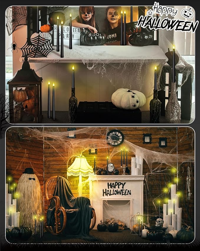 Funtery 48 Pcs Black Flameless Taper Candles 11 Inch Halloween Battery Operated Candles Bulk LED Candlesticks Flickering for Halloween Party Indoor Decoration
