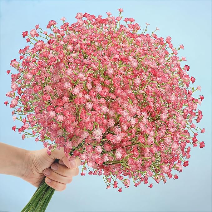N&T NIETING Babys Breath Artificial Flowers Bulk, 10Pcs Fake Gypsophila Bouquet Flowers Real Touch Faux Babies Breath Arrangement for Wedding Floral Party Home Centerpieces Vase Decoration, Pink