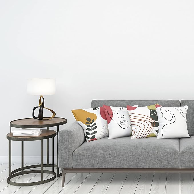 Ambesonne Minimal Throw Pillow Cushion Case Pack of 4, Modern Line Art Woman Portrait Contemporary Leafy Geometric Details, Modern Accent Double-Sided Digital Printing, 20", Olive Green and Dark Coral