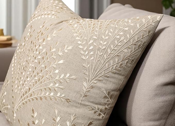 Rohan Leaves Embroiderd Decorative Square Accent Throw Pillow Cover - Sofa, Chair, Couch, Bedroom, Living Room, Farmhouse Home Decor - 20x20 Inches, Natural