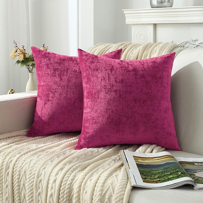 Jeneoo Fuschia Pink Decorative Throw Pillow Covers Soft Chenille Comfy Solid Couch Cushion Case Decor (Set of 2, 14 x 14 Inches)