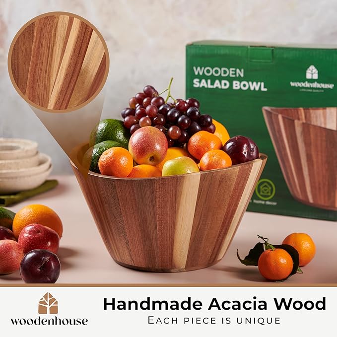 Woodenhouse Wooden Salad Bowl, Wooden Bowl, Fruit Bowl - 12" Wavy Large Salad Bowl for Serving, Handmade, Durable and Stylish Natural Wood Dining Accessory