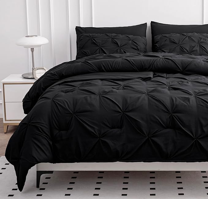 LANE LINEN Comforter Set - 7 Piece Complete Set Including Sheets, Pillowcases, Shams - Soft Premium King Size Bed in a Bag Set, Pintuck - Black