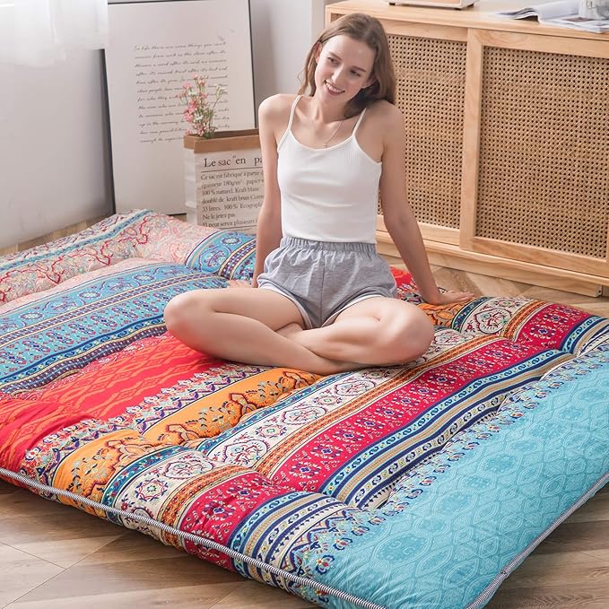 MAXYOYO Bohemian Retro Floor Mattress Vintage Floral Japanese Futon Mattress Roll Up Tatami Floor Mat Foldable Bed Portable Camping Mattress Sleeping Pad Floor Lounger Couch Bed Twin Size