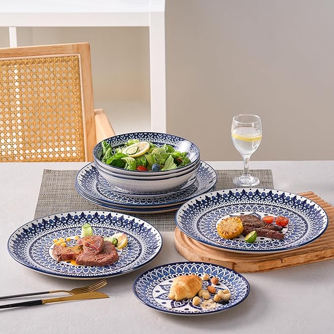 Bestone Porcelain Dinnerware Sets Service for 4, 12 pcs Hand drawn Plates and Bowls Sets, Handmade Ceramic Dish Set, Chip Resistant Modern Plate Set, Dishwasher/Microwave Safe，Vintage Blue